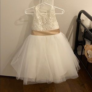 White flower girl dress with champagne sash 2T